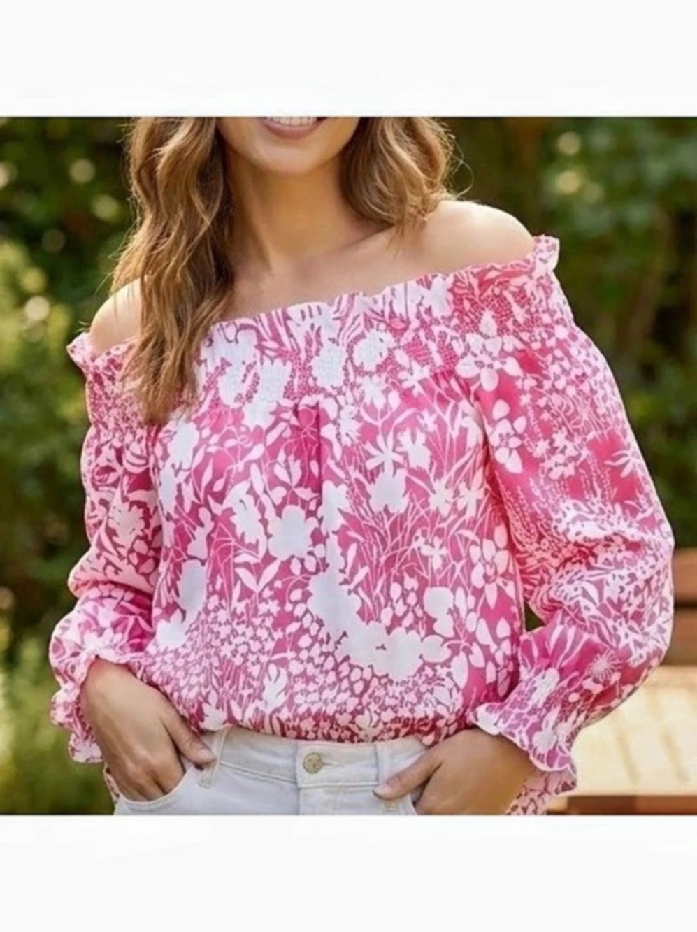 Tucker Nuck Floral Off-Shoulder Blouse in Pink & White Size Medium - Picture 4 of 4